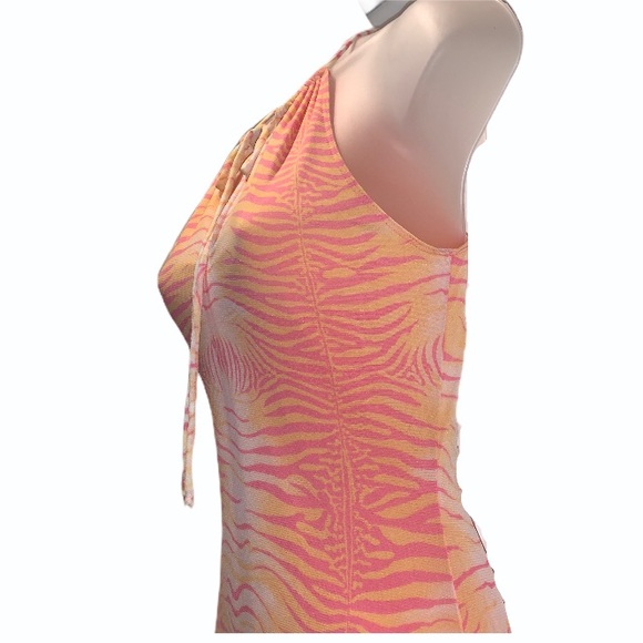 Y2K GUESS Animal Print Split Neck Mini Dress Sunset Orange Pink S Cocktail Party - Picture 9 of 16